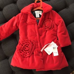 Luxury warm red pea coat from Bloomingdales.